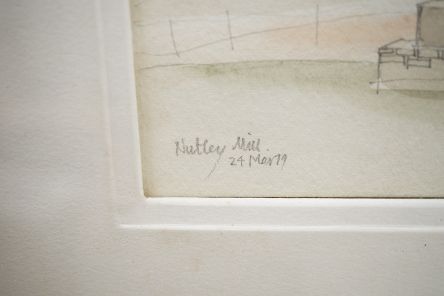 John Skelton (1925-2009), ‘Nutley Mill’ and a view of a church, each signed and dated '79 and 1995, two watercolours, largest 29 x 35cm, Provenance: from the artist's family